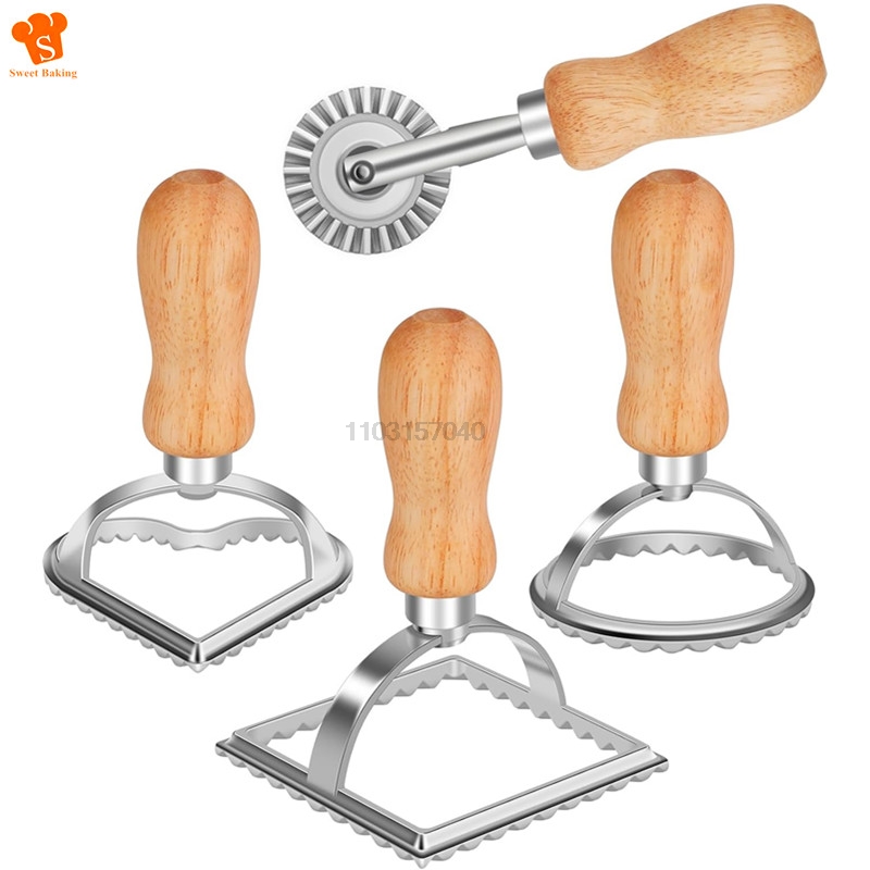 Dumpling Press Set - ชุดแม่พิมพ์ทำพาสต้าแบบแมนนวล 3/4 ชิ้น ชุดตัดราวิโอลี่ แม่พิมพ์กดคุกกี้พร้อมด้ามไม้ อุปกรณ์ทำขนมสำหรับทำเกี๊ยวและพิเอโรกี