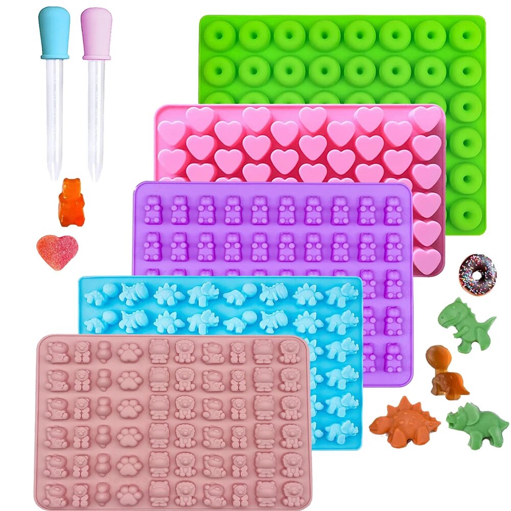 Donut Mold Silicone - Gummy Bear แม่พิมพ์ซิลิโคนมินิช็อกโกแลตลูกอมแม่พิมพ์สําหรับเด็ก 2 Droppers รวมทั้งไดโนเสาร์หมีหัวใจ